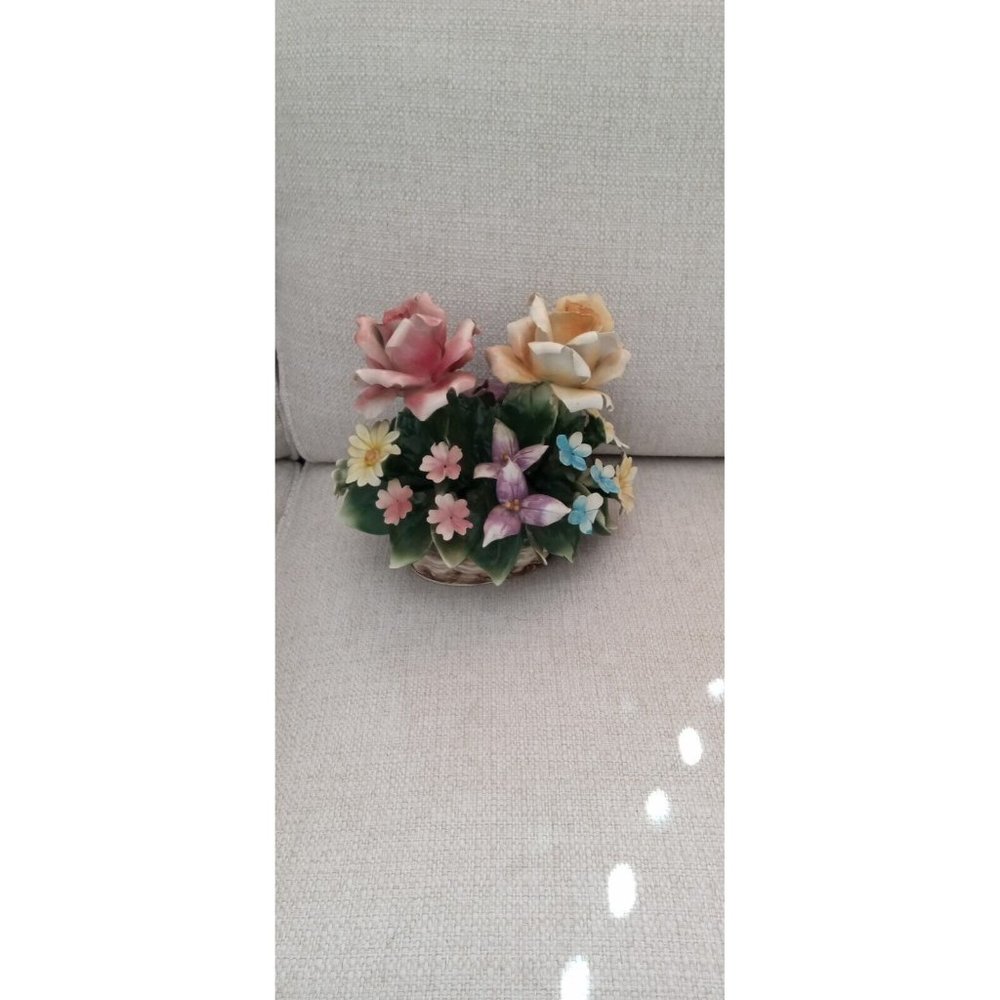 Vintage Capodimonte Porcelain Basket of Flowers Made in Italy Hand Painted Roses